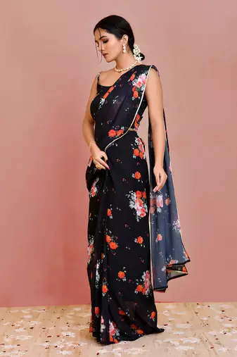 Black floral printed georgette pre-stiched saree with blouse