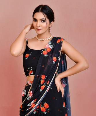 Black floral printed georgette pre-stiched saree with blouse 3