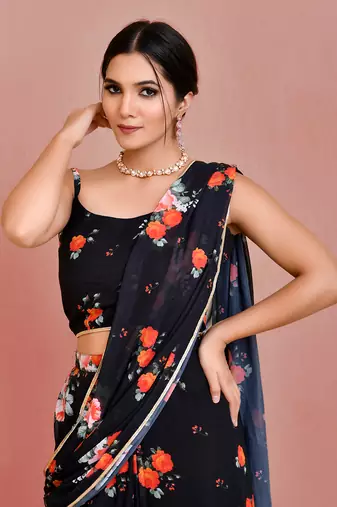 Black floral printed georgette pre-stiched saree with blouse