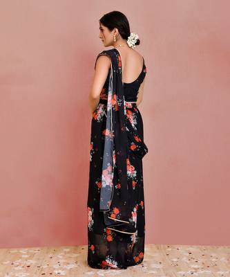 Black floral printed georgette pre-stiched saree with blouse 4