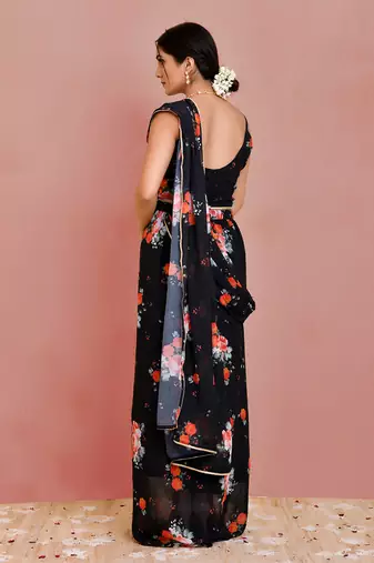 Black floral printed georgette pre-stiched saree with blouse