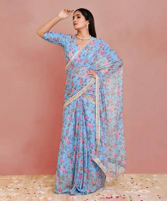 Blue floral printed georgette pre-stiched saree with blouse 1