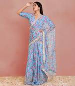 Blue floral printed georgette pre-stiched saree with blouse