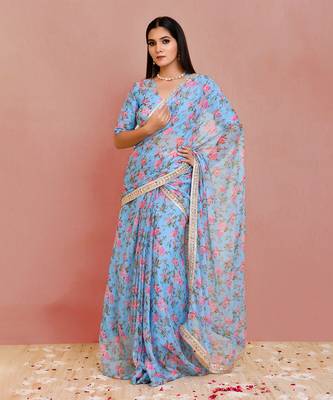 Blue floral printed georgette pre-stiched saree with blouse 2