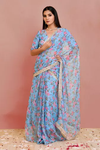 Blue floral printed georgette pre-stiched saree with blouse