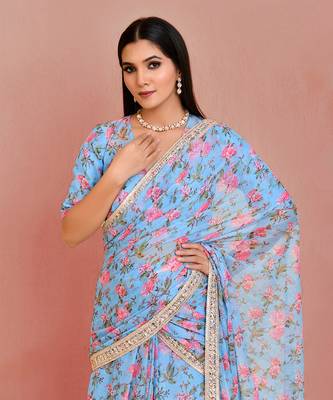 Blue floral printed georgette pre-stiched saree with blouse 3