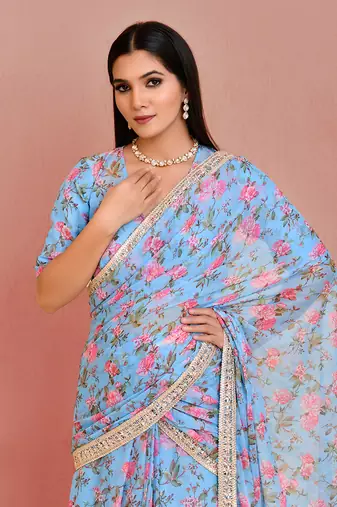 Blue floral printed georgette pre-stiched saree with blouse