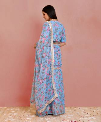Blue floral printed georgette pre-stiched saree with blouse 4