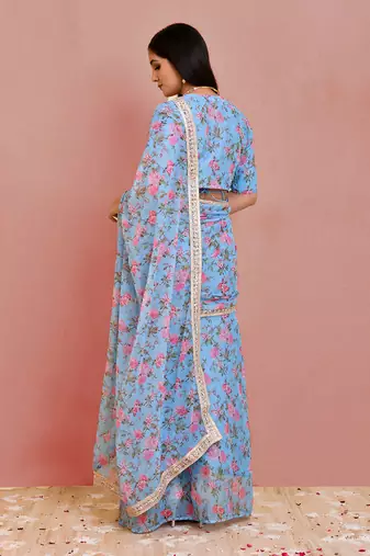 Blue floral printed georgette pre-stiched saree with blouse
