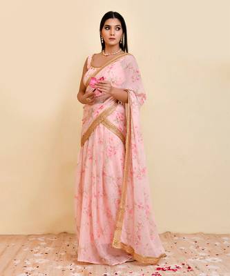 Pink floral printed georgette pre-stiched saree with blouse 1