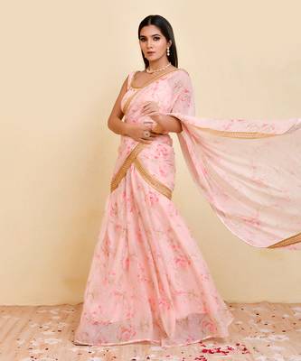 Pink floral printed georgette pre-stiched saree with blouse 2