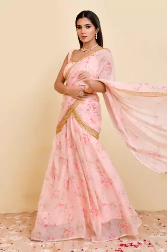 Pink floral printed georgette pre-stiched saree with blouse