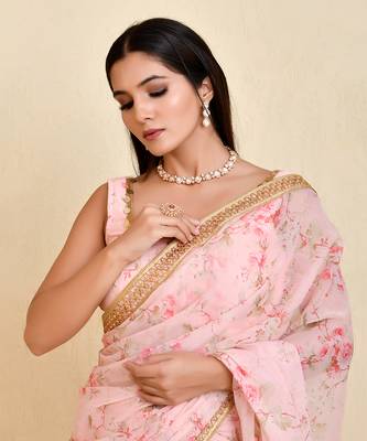 Pink floral printed georgette pre-stiched saree with blouse 3
