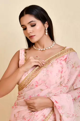 Pink floral printed georgette pre-stiched saree with blouse