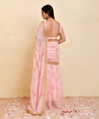 Pink floral printed georgette pre-stiched saree with blouse 4