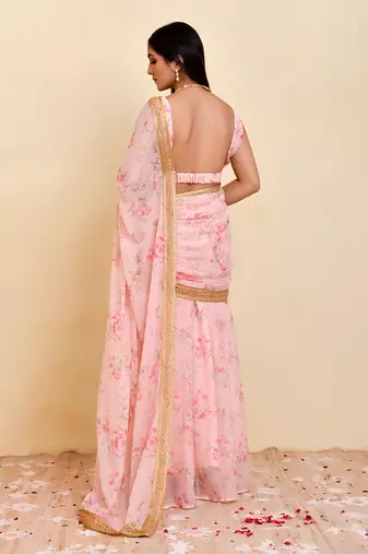 Pink floral printed georgette pre-stiched saree with blouse