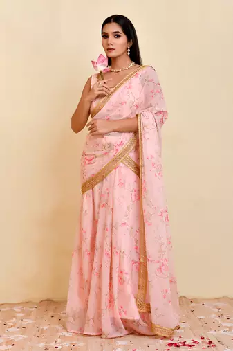 Pink floral printed georgette pre-stiched saree with blouse
