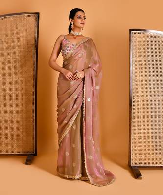 Metalic pink floral embellished saree with blouse 1