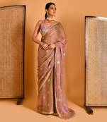 Metalic pink floral embellished saree with blouse