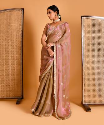 Metalic pink floral embellished saree with blouse 2