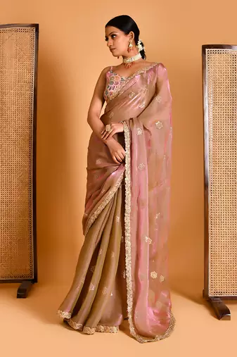 Metalic pink floral embellished saree with blouse