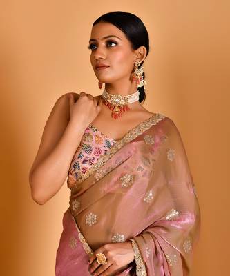 Metalic pink floral embellished saree with blouse 3