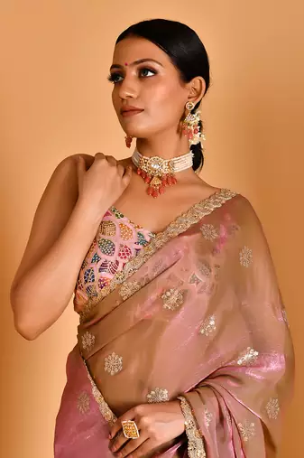 Metalic pink floral embellished saree with blouse