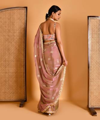 Metalic pink floral embellished saree with blouse 4