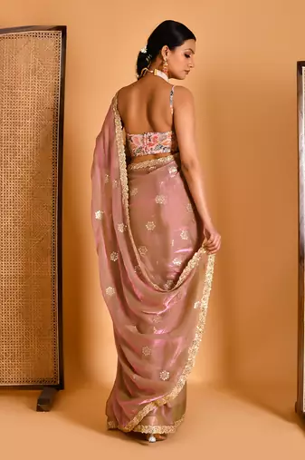 Metalic pink floral embellished saree with blouse
