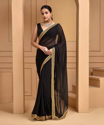 Black lace embellished georgette saree with blouse 1
