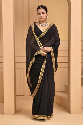 Black lace embellished georgette saree with blouse