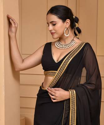 Black lace embellished georgette saree with blouse 3