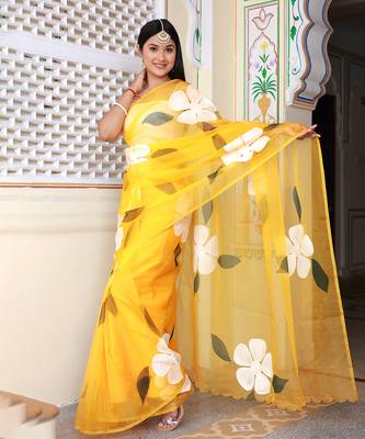 Yellow Hand Painted Organza Saree Without Blouse 1