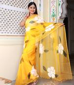 Yellow Hand Painted Organza Saree Without Blouse