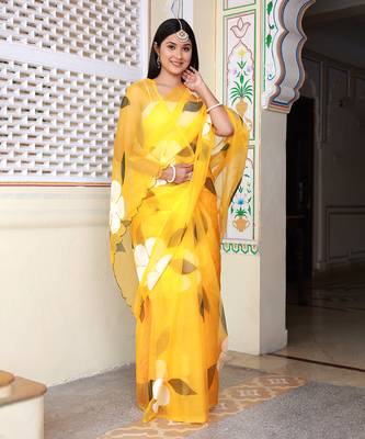 Yellow Hand Painted Organza Saree Without Blouse 3