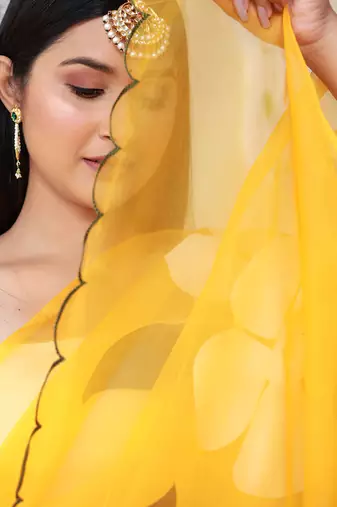 Yellow Hand Painted Organza Saree Without Blouse