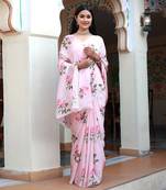 Pink Floral Printed Pure Chinnon Chiffon Saree Without Blouse