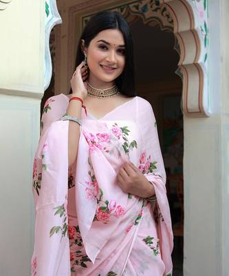 Pink Floral Printed Pure Chinnon Chiffon Saree Without Blouse 2