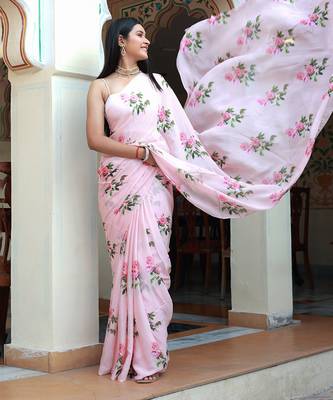Pink Floral Printed Pure Chinnon Chiffon Saree Without Blouse 3