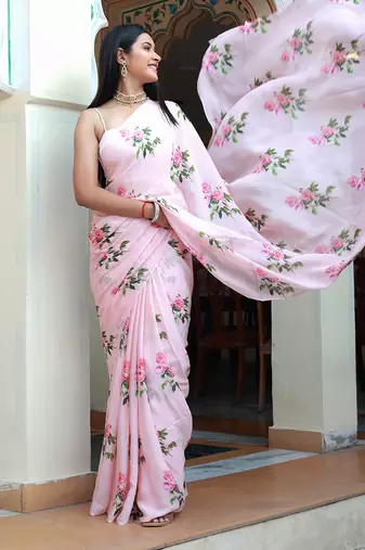 Pink Floral Printed Pure Chinnon Chiffon Saree Without Blouse