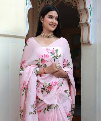 Pink Floral Printed Pure Chinnon Chiffon Saree Without Blouse 4