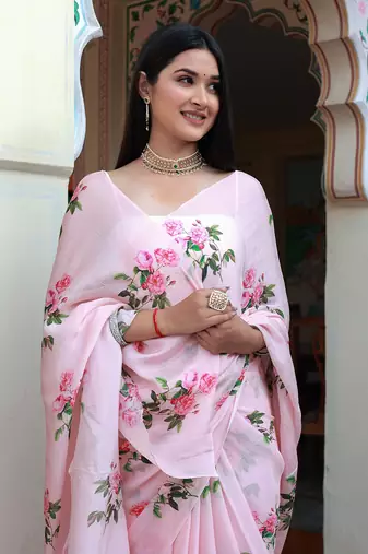Pink Floral Printed Pure Chinnon Chiffon Saree Without Blouse