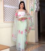 Pastel Green Hand Painted Organza Saree Without Blouse