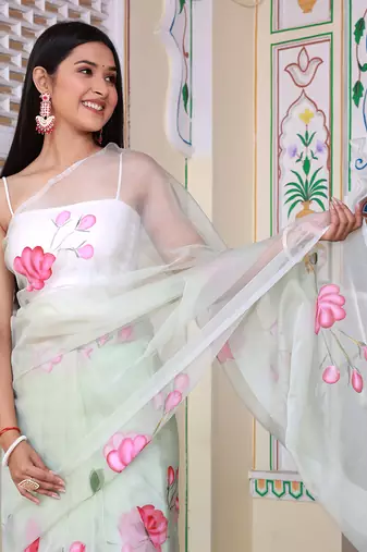 Pastel Green Hand Painted Organza Saree Without Blouse