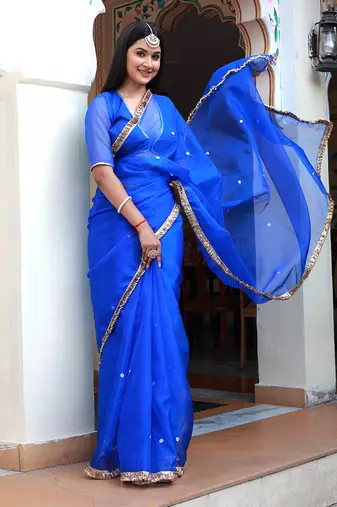 Blue aari embroidered organza saree with blouse