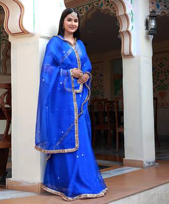 Blue aari embroidered organza saree with blouse 4