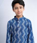 Boys Indigo handblock printed full sleeves kurta with Paired white cotton pants