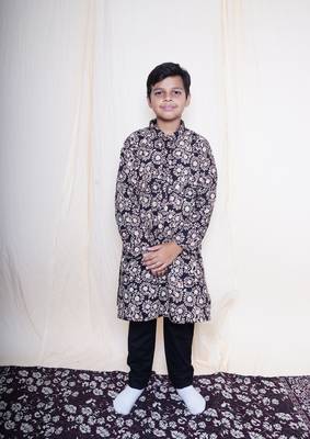 Boys Bagru Handblock Printed Full Sleeves Kurta With Paired With Black Cotton Pants 1