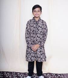 Boys Bagru Handblock Printed Full Sleeves Kurta With Paired With Black Cotton Pants