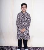 Boys Bagru Handblock Printed Full Sleeves Kurta With Paired With Black Cotton Pants